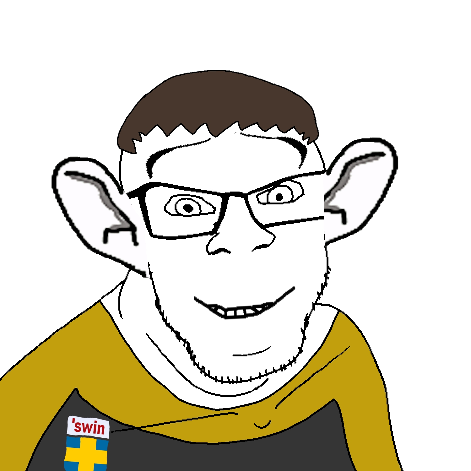 feraljak, wholesome feraljak, 1soyjak, big ear, big ears, brown hair, closed mouth, clothes, ear, eyebrows