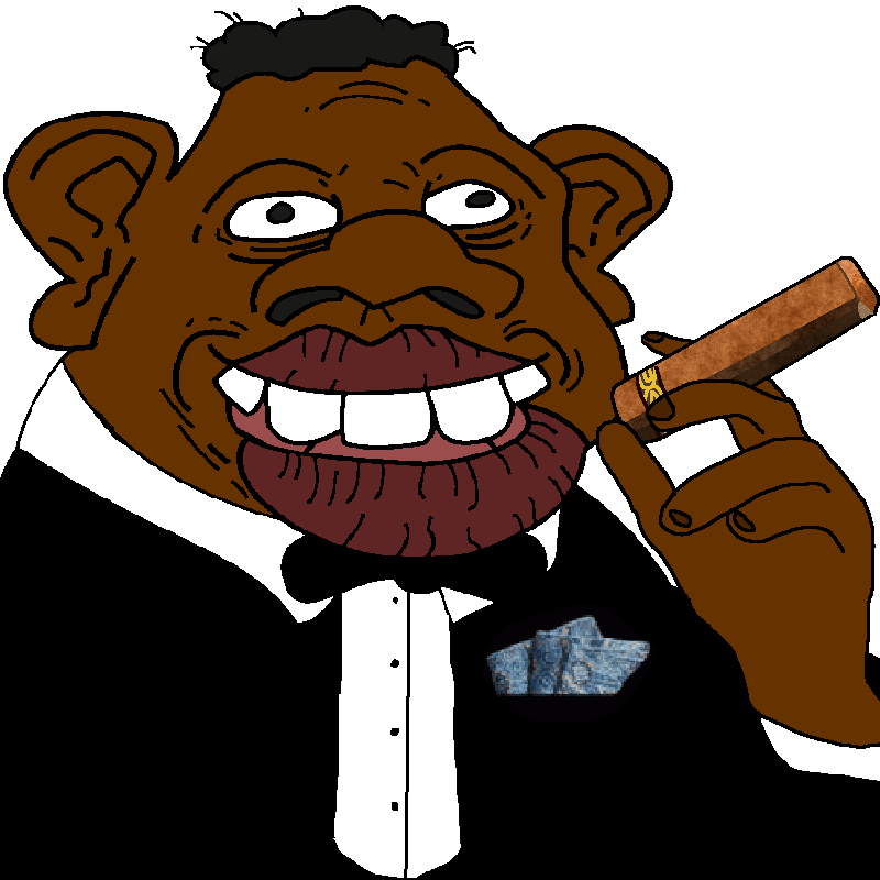 sheeeit, big lips, big nose, black hair, black skin, bowtie, cigar, clothes, ear, hair