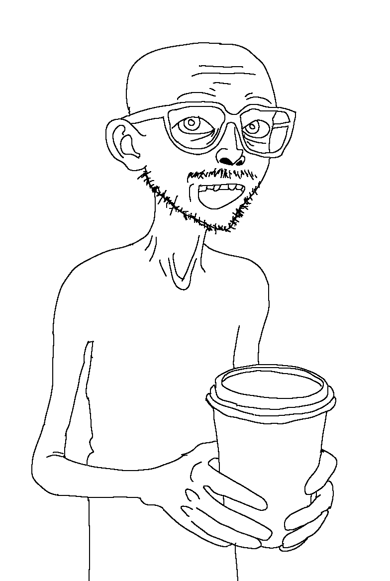 unknown, 1soyjak, bald, coffee, coffee cup, drink, glasses, half body, looking at you, open eyes