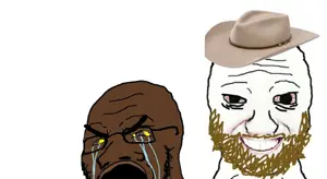 coomer wojak, wojak, soyak, angry, black skin, buck breaking, bushy eyebrows, coomer, crying, distorted
