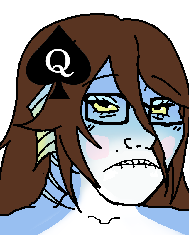 soyak, female soyak, femjak, questionable female soyak edits, blue skin, blush, brown hair, closed mouth, female, glasses