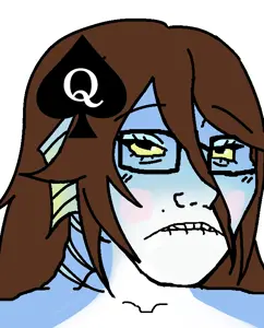 soyak, female soyak, femjak, questionable female soyak edits, blue skin, blush, brown hair, closed mouth, female, glasses