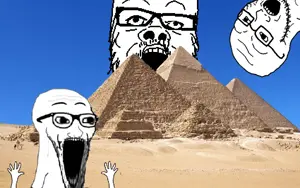a24 slowburn soyjak, excited soyjak, soyak, wewjak, bald, blue sky, desert, glasses, irl background, open eyes