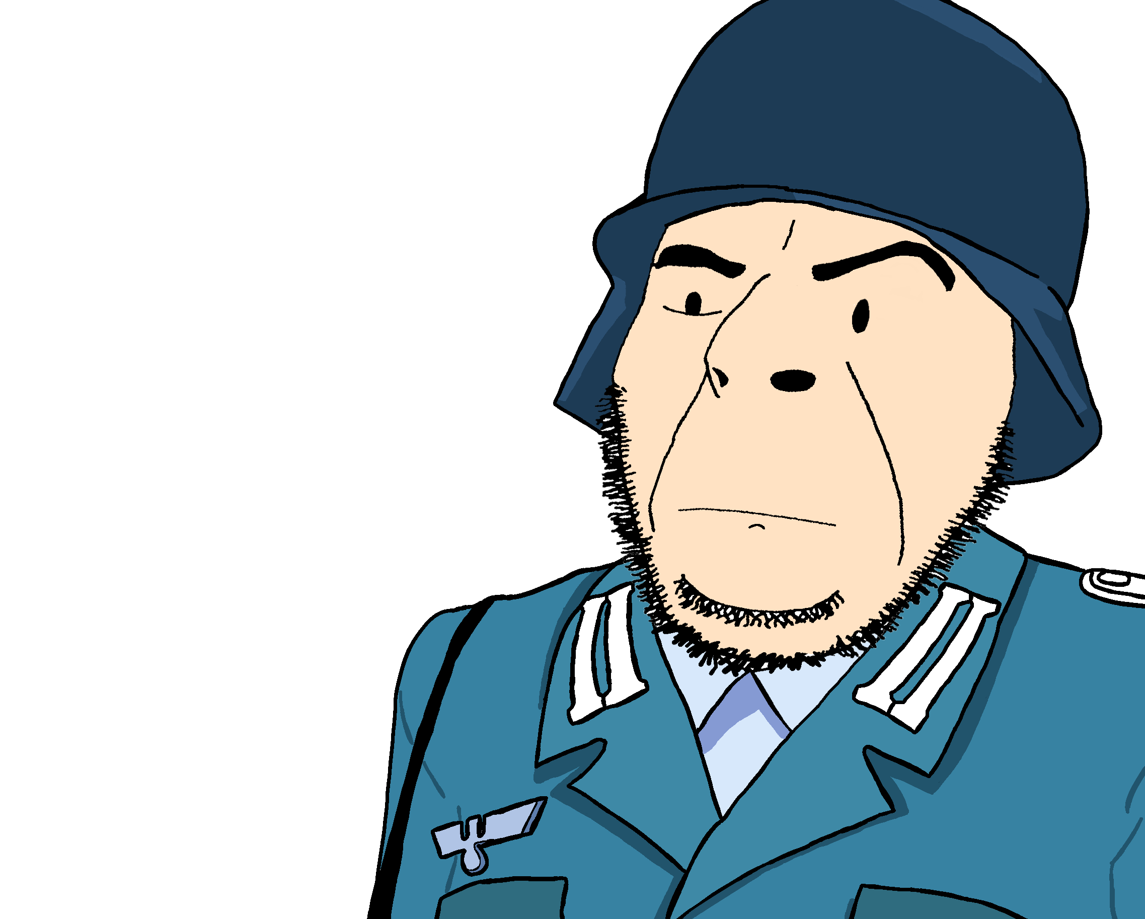 cobson, 1soyjak, black eyes, closed mouth, clothes, frown, half body, hat, helmet, military uniform