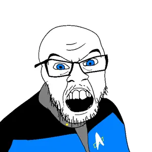 feraljak, blue eyes, clothes, glasses, open mouth, sci-fi, soyjak, star trek, stubble