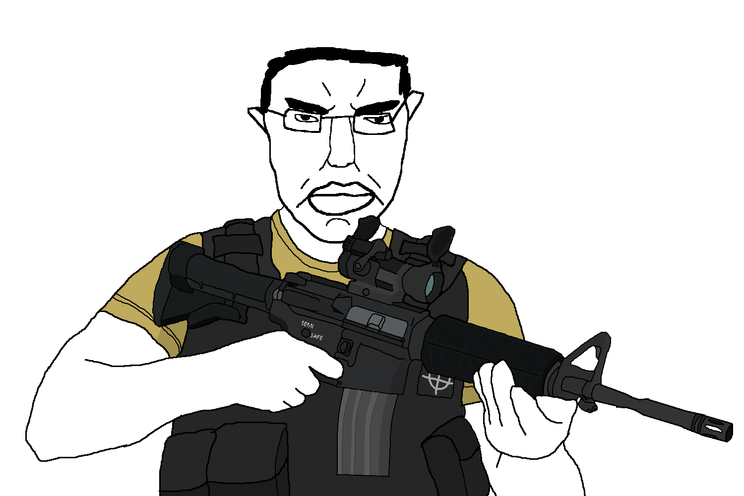 chudjak, angry, ar-15, arm, assault rifle, bulletproof vest, closed mouth, clothes, frown, glasses