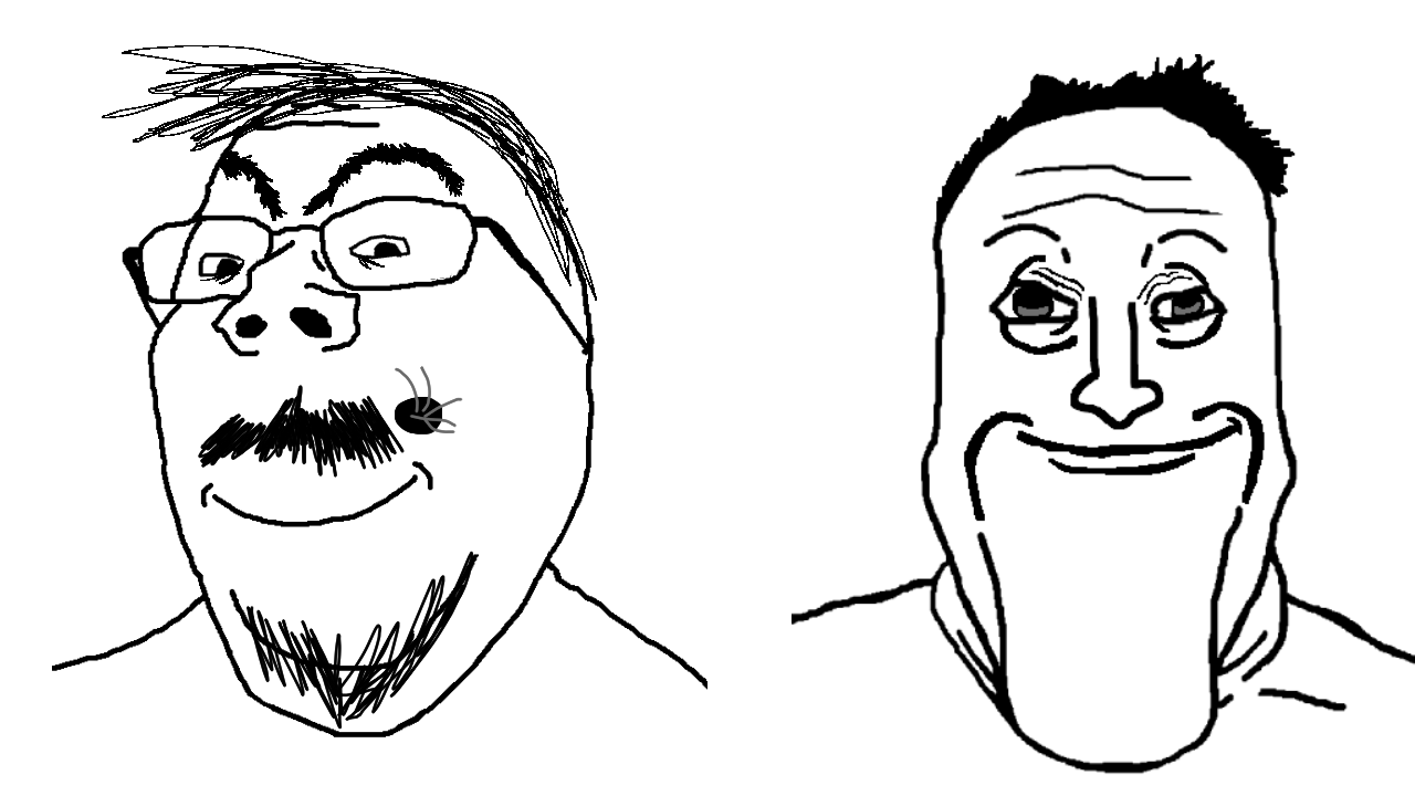 gapejak, markiplier soyjak, 2soyjaks, beard, black eyes, black hair, bushy eyebrows, closed mouth, down syndrome, eyebrows