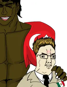 chudjak, acne, angry, black, buff, closed mouth, clothes, fat, flag, frown