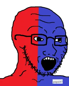 soyak, blue skin, glasses, grey text, hair, open mouth, red skin, soybooru, soyjak, stubble