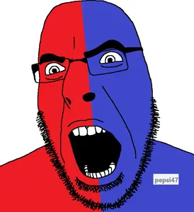 cobson, blue skin, brapped comment section☣️☣️☣️ do not enter☣️☣️☣️, glasses, grey text, hair, looking to the left, open mouth, red skin, soybooru