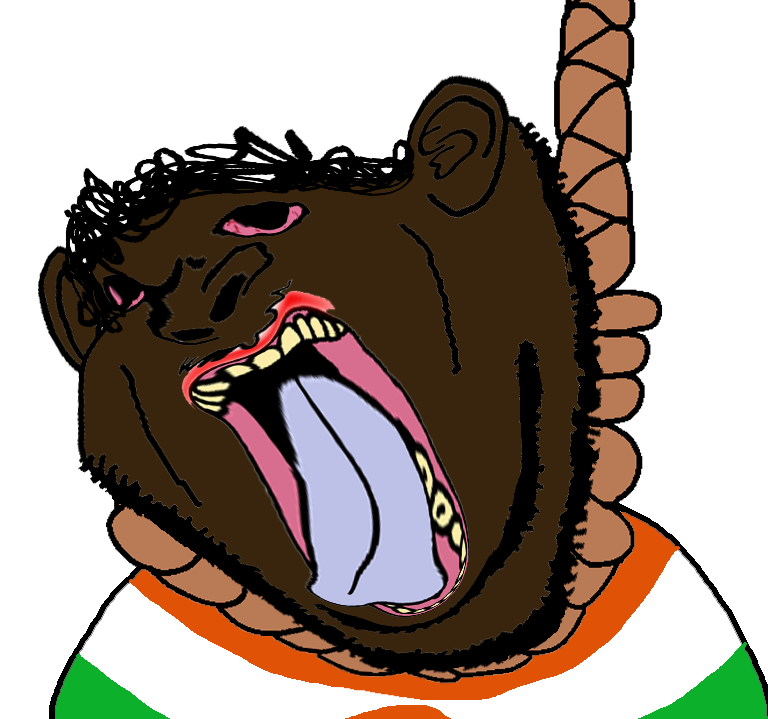 bernd, impish soyak ears, slopjak, ack, black skin, bloodshot eyes, blue tongue, distorted, hair, hanging
