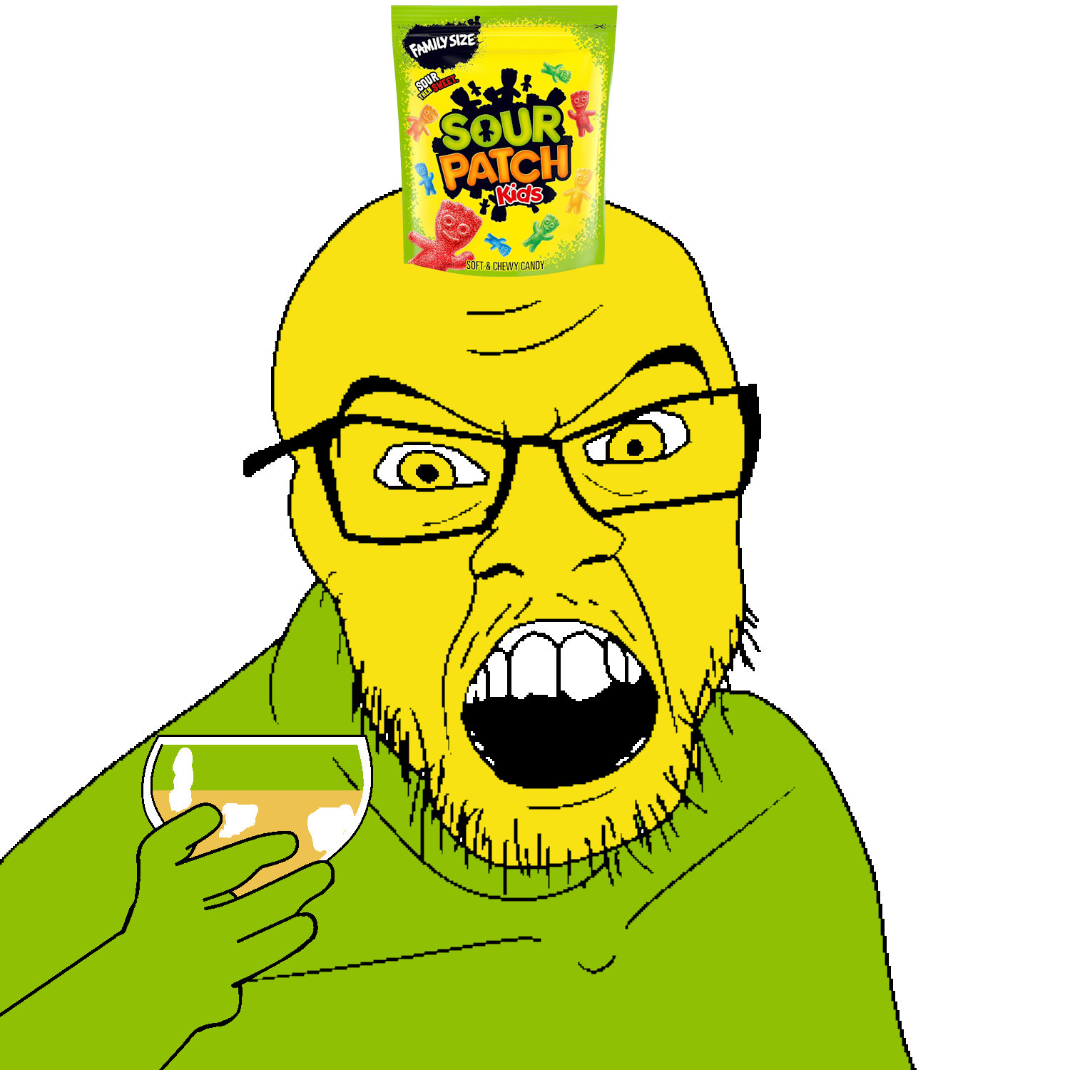 feraljak, 1soyjak, alcohol, angry, bald, candy, drink, food, glasses, green skin