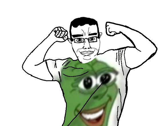 pepe, chudjak, 1soyjak, black hair, buff, closed mouth, clothes, flexing, full body, glasses