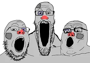 gapejak, markiplier soyjak, tony soprano soyjak, soyjak trio, 3soyjaks, glasses, gray skin, open mouth, soyjak, stubble