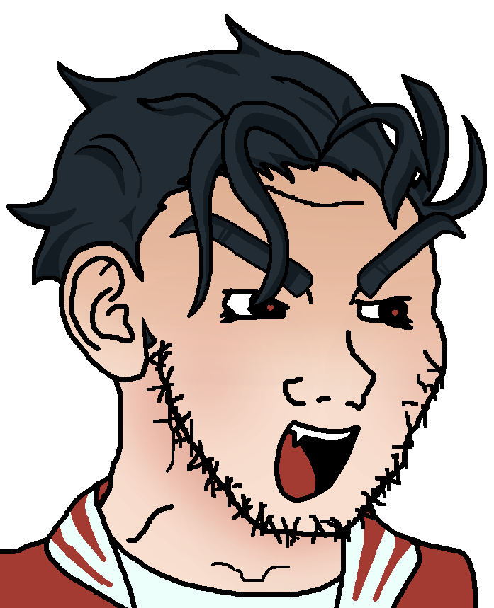 ivan, soyak, 1soyjak, anime, black eyes, black hair, clothes, ear, eyebrows, fang