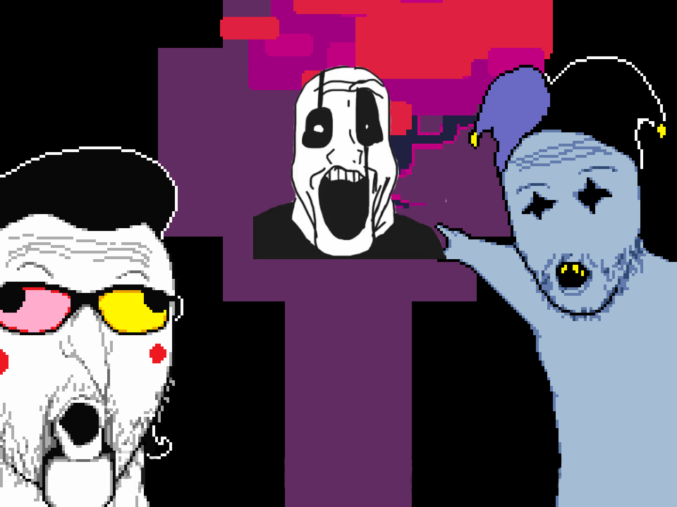 spamton g. spamton, two pointing soyjaks, 3soyjaks, blue skin, clown, gaster (undertale), glasses, jevil, makeup, open mouth