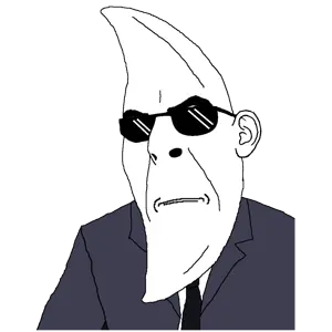 moonman, cobson, bald, black tie, blue shirt, front view, frown, glasses, half body, looking to the left