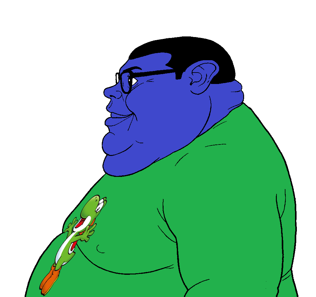 yoshi, brandon, branigger, branigger side, blue skin, closed mouth, clothes, ear, fat, glasses