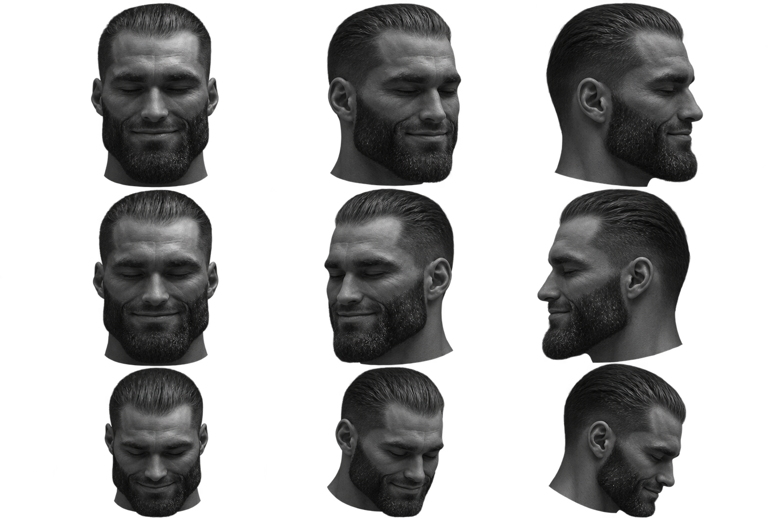 gigachad, beard, buff, closed eyes, closed mouth, ear, gray skin, grayscale, hair, head
