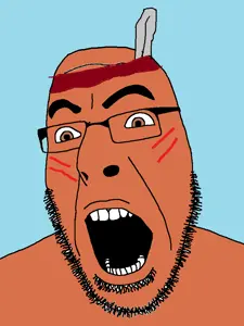 cobson, brown skin, feather, headdress, native american, open mouth, soyjak, stubble