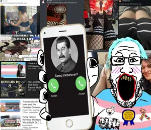 joseph stalin, markiplier soyjak, phoneplier vertical, showing phone, 1soyjak, autism, blue hair, cleavage, communism, eyebrows