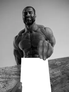 gigachad, 1nas, buff, gray background, gray skin, hand, holding object, looking at you, monochrome, muscles