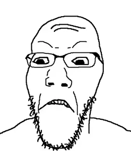 oekjesjak, 1soyjak, angry, bald, black eyes, front view, frown, glasses, half open mouth, looking to the left