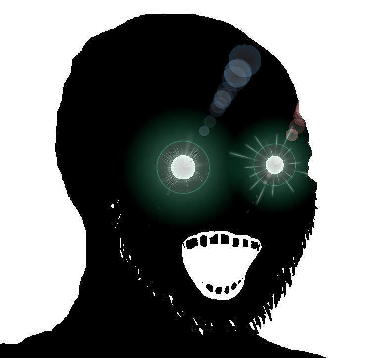 soyak, soyak (crazed), thougher, 1soyjak, bald, black skin, black teeth, crazed, glasses, glowing