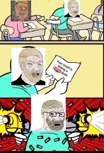 yes chad, angry, beard, black glasses, blonde hair, blue eyes, crying, hair, half body, looking at you