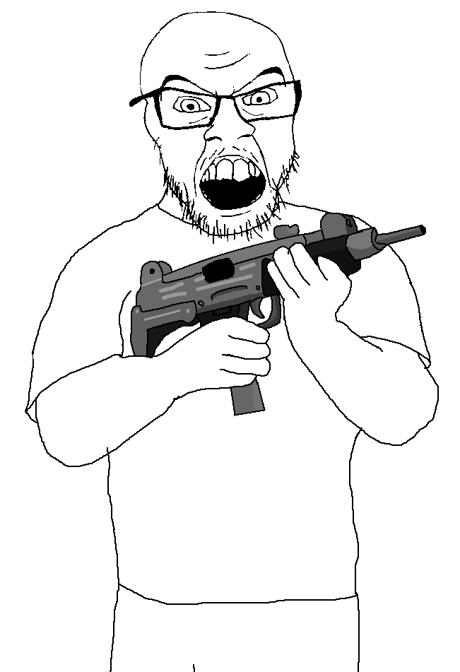 feraljak, 1soyjak, angry, black eyes, clothes, glasses, gun, hair, half body, holding gun