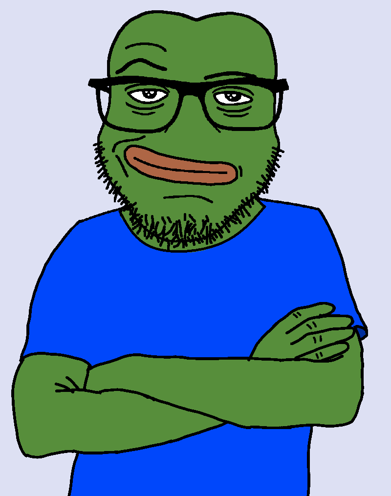 pepe, redditjak, amphibian, animal, bald, big lips, black eyes, blue shirt, clothes, crossed arms