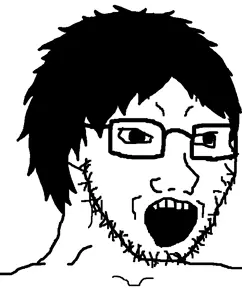 soyak, 1soyjak, black hair, forehead lines, glasses, hair, long hair, looking to the right, messy hair, open mouth