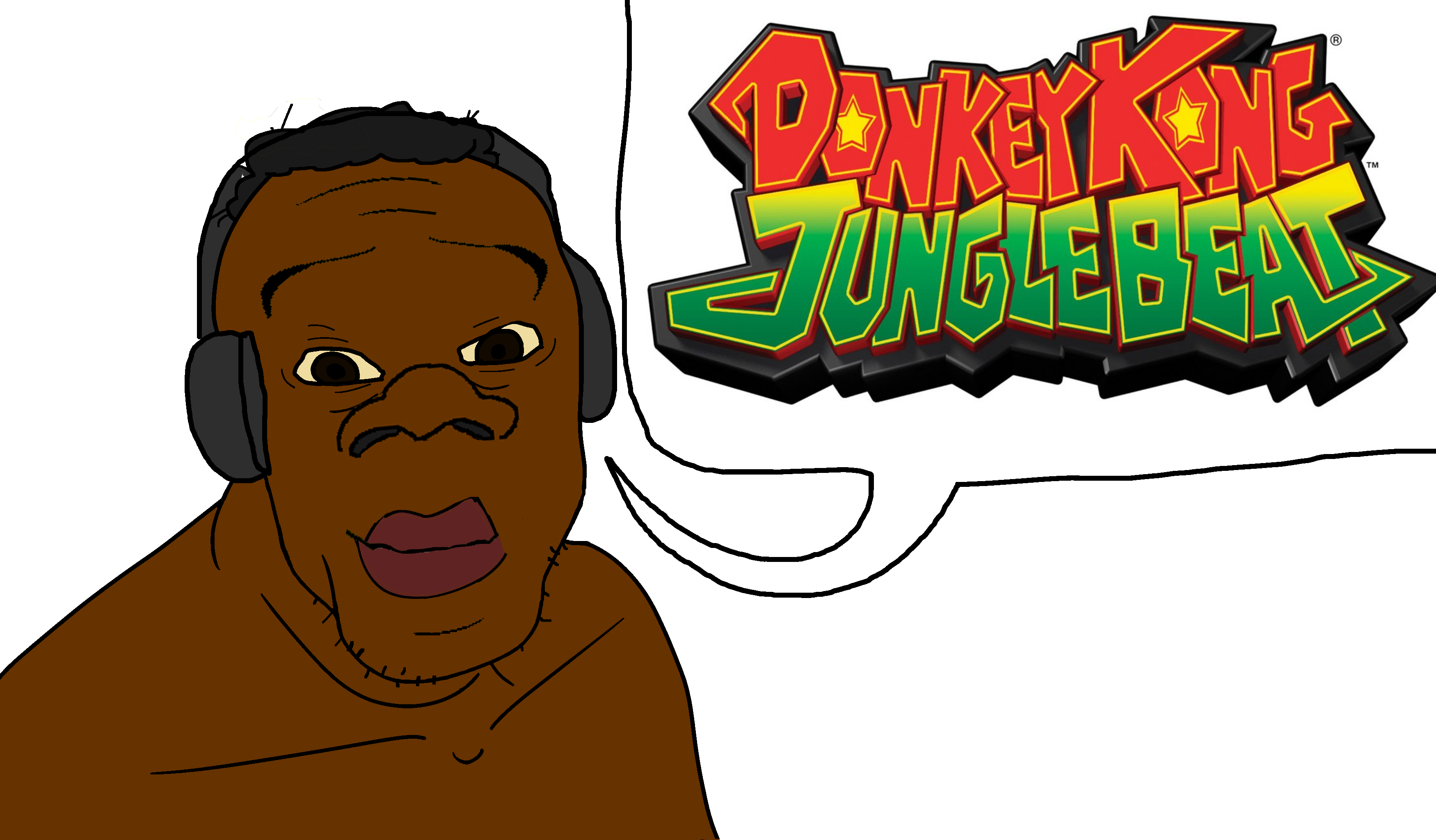 feraljak, feralnigger, black skin, closed mouth, donkey kong jungle beat, hair, happy, headphones, lips, logo
