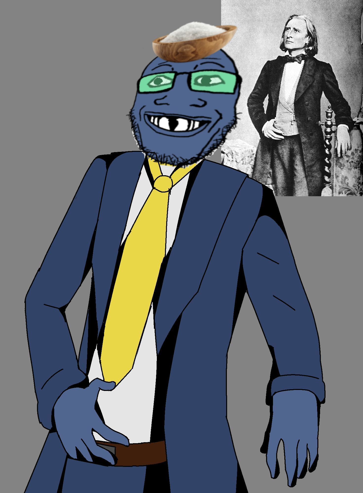 markiplier soyjak, 1soyjak, admin, bald, black eyes, blue skin, clothes, franz liszt, glasses, gray background