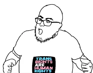 vaushjak, animated, clothes, glasses, open mouth, soyjak, stubble, text, tranny, tshirt
