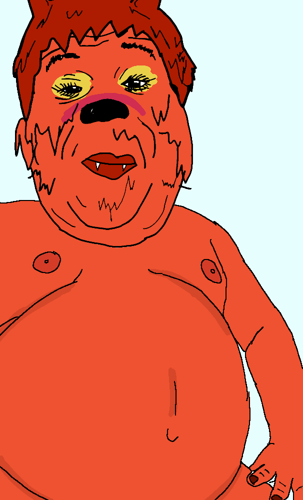 fat nigger furry, alicia, hunky twink sex machine, hunky twink sex machine, belly, black eyes, canine, closed mouth, eyebrows, fangs