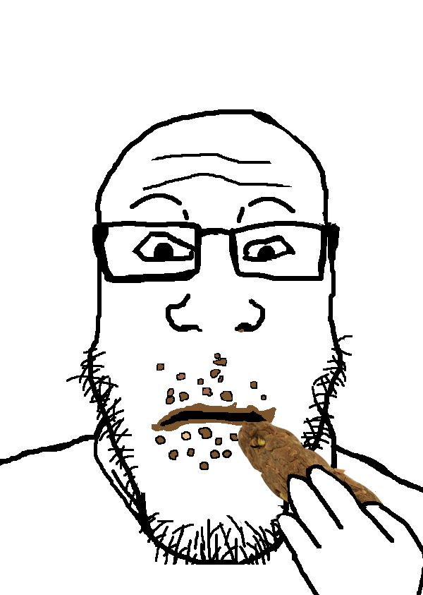 markiplier soyjak, neutralplier, 1soyjak, black eyes, closed mouth, crumbs, doodoo, eating, front view, glasses