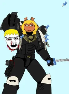 noelle holiday, feraljak, markiplier soyjak, uglyfuckingthing, neutralplier, 2soyjaks, angry, blonde hair, blood, blue background