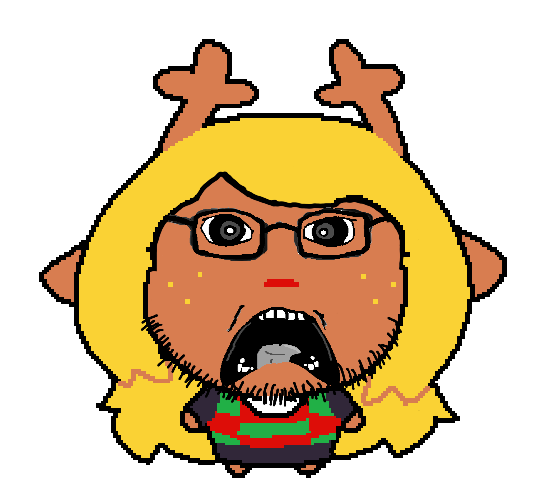 noelle holiday, soyak, uglyfuckingthing, doctos, 1soyjak, alternate, antler, blonde hair, brown fur, clothes