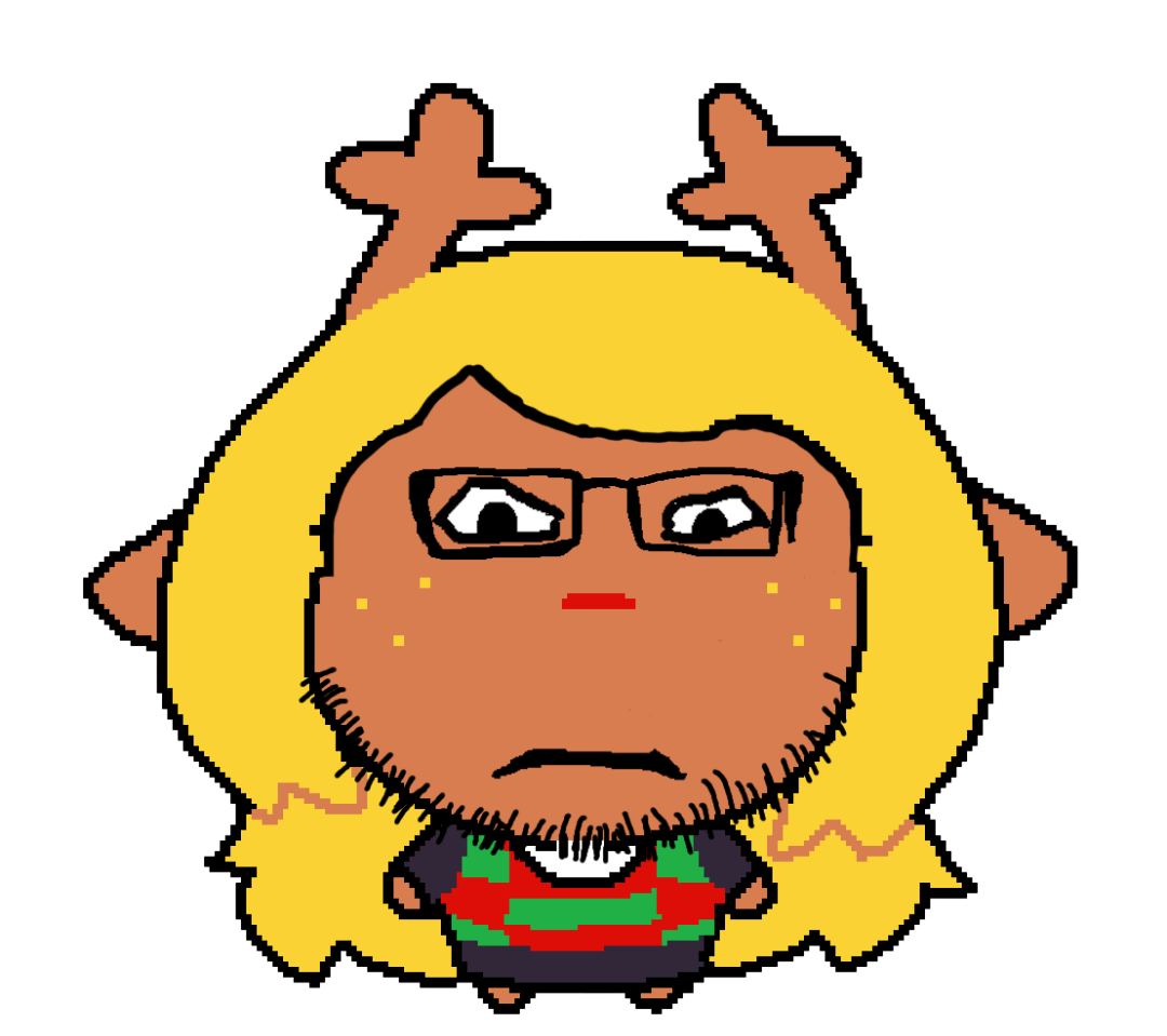 noelle holiday, markiplier soyjak, uglyfuckingthing, neutralplier, 1soyjak, alternate, animal, antler, blonde hair, brown fur