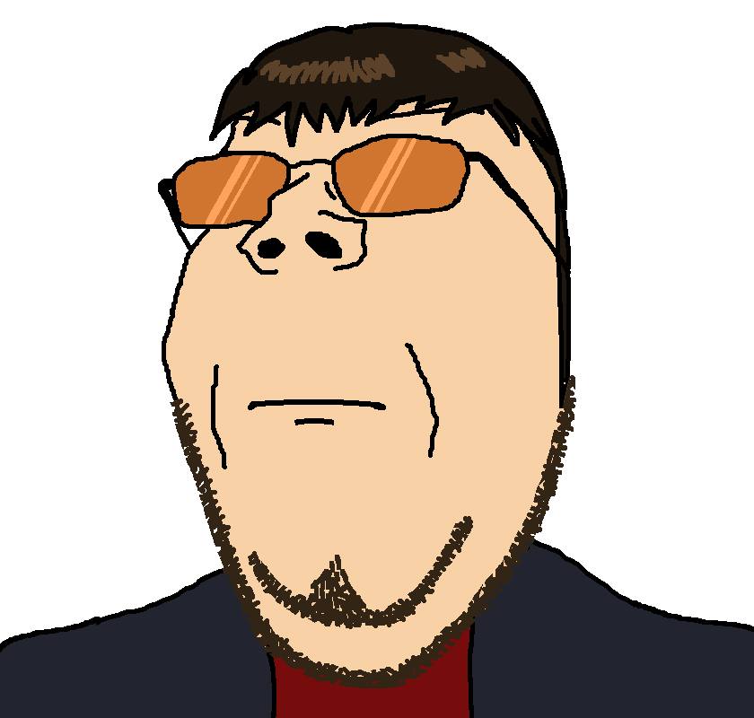 gendo ikari, gapejak, wholesome soyjak, 1soyjak, blue suit, brown hair, closed mouth, frown, glasses, goatee