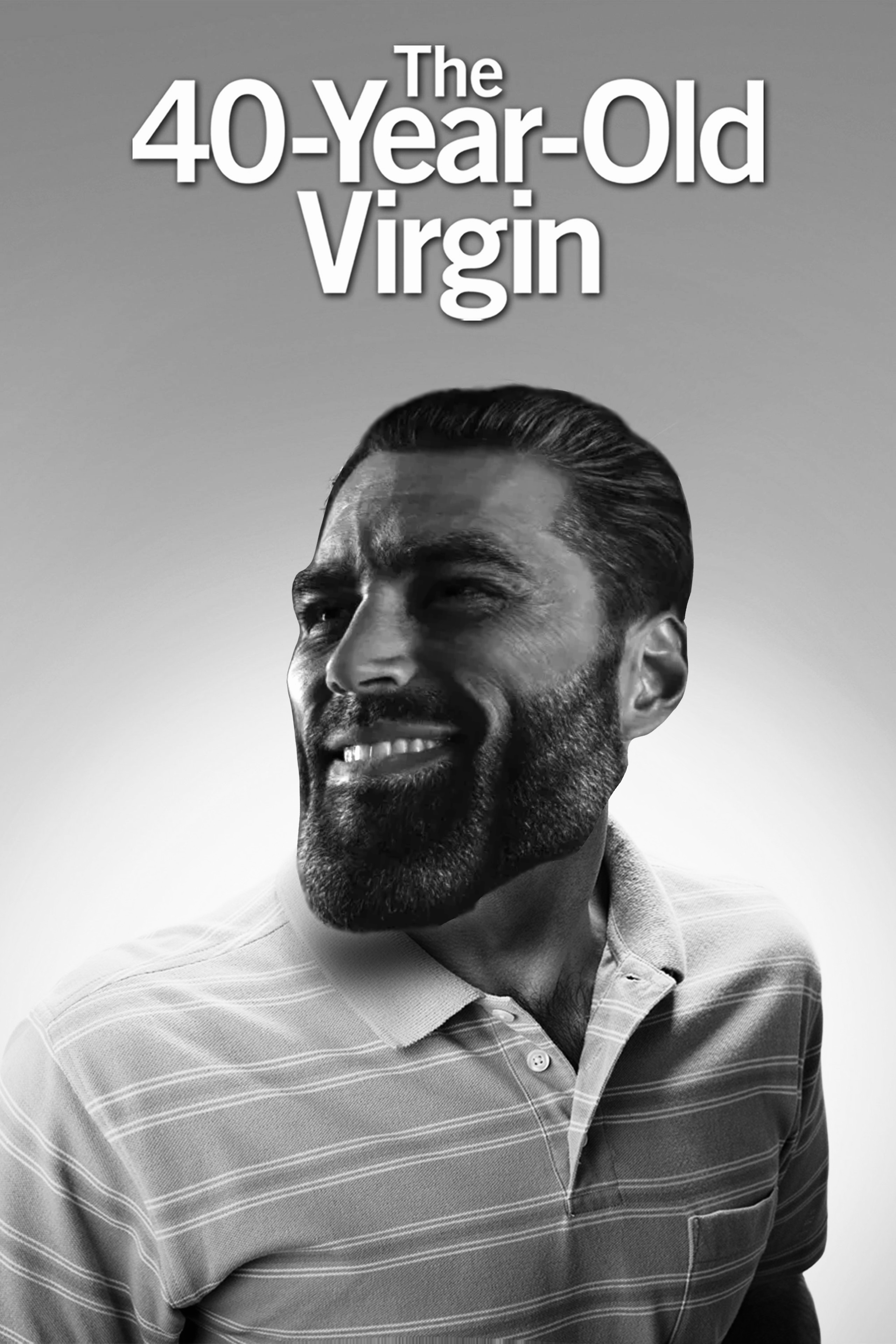 gigachad, black hair, buff, chiseled jawline, collared shirt, english text, film, gray skin, hair, looking to the left