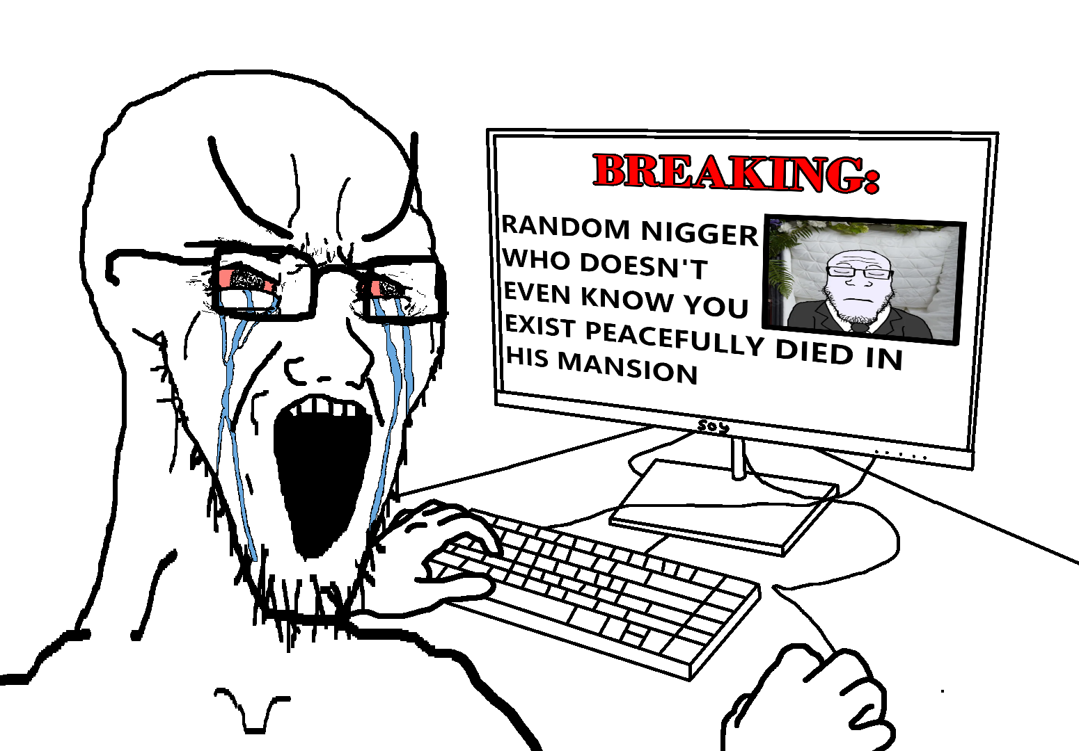 markiplier soyjak, soyak, long crying soyak, 1soyjak, bald, black eyes, computer, crying, drawn background, glasses