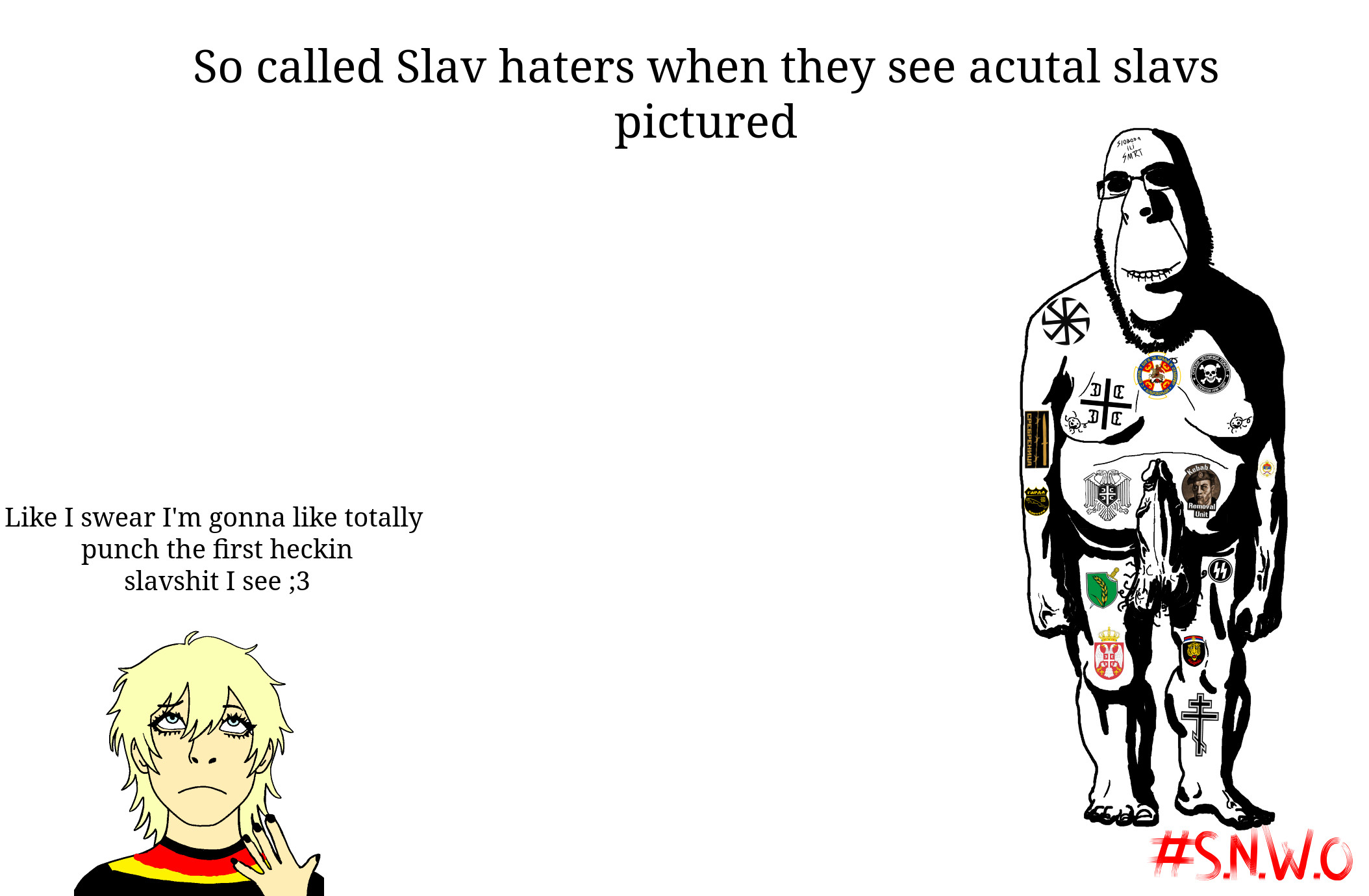 rapeson, cobson, hornyson, pawbson, pawbson front, rapeson, 2soyjaks, black nails, blonde hair, blue eyes