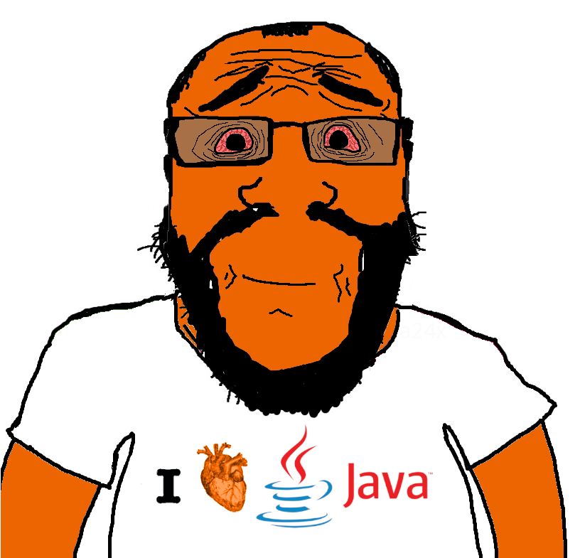 markiplier soyjak, science lover, bloodshot eyes, closed mouth, clothes, glasses, heart, java, orange skin, programming