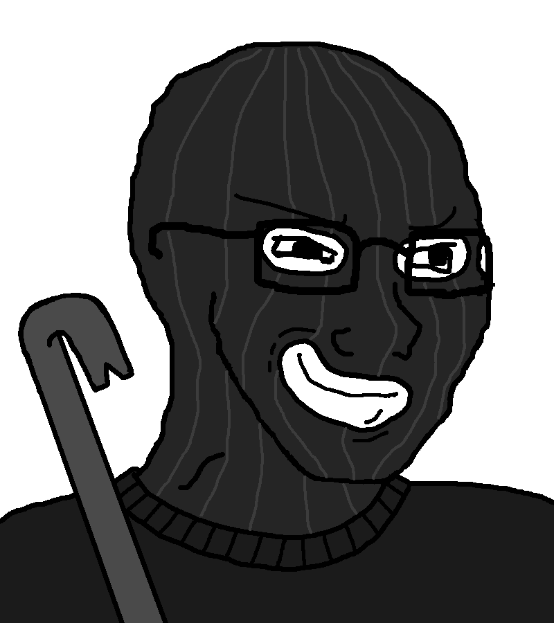 soyak, soyak (smug), 1soyjak, balaclava, closed mouth, clothes, crowbar, glasses, half closed eyes, holding crowbar