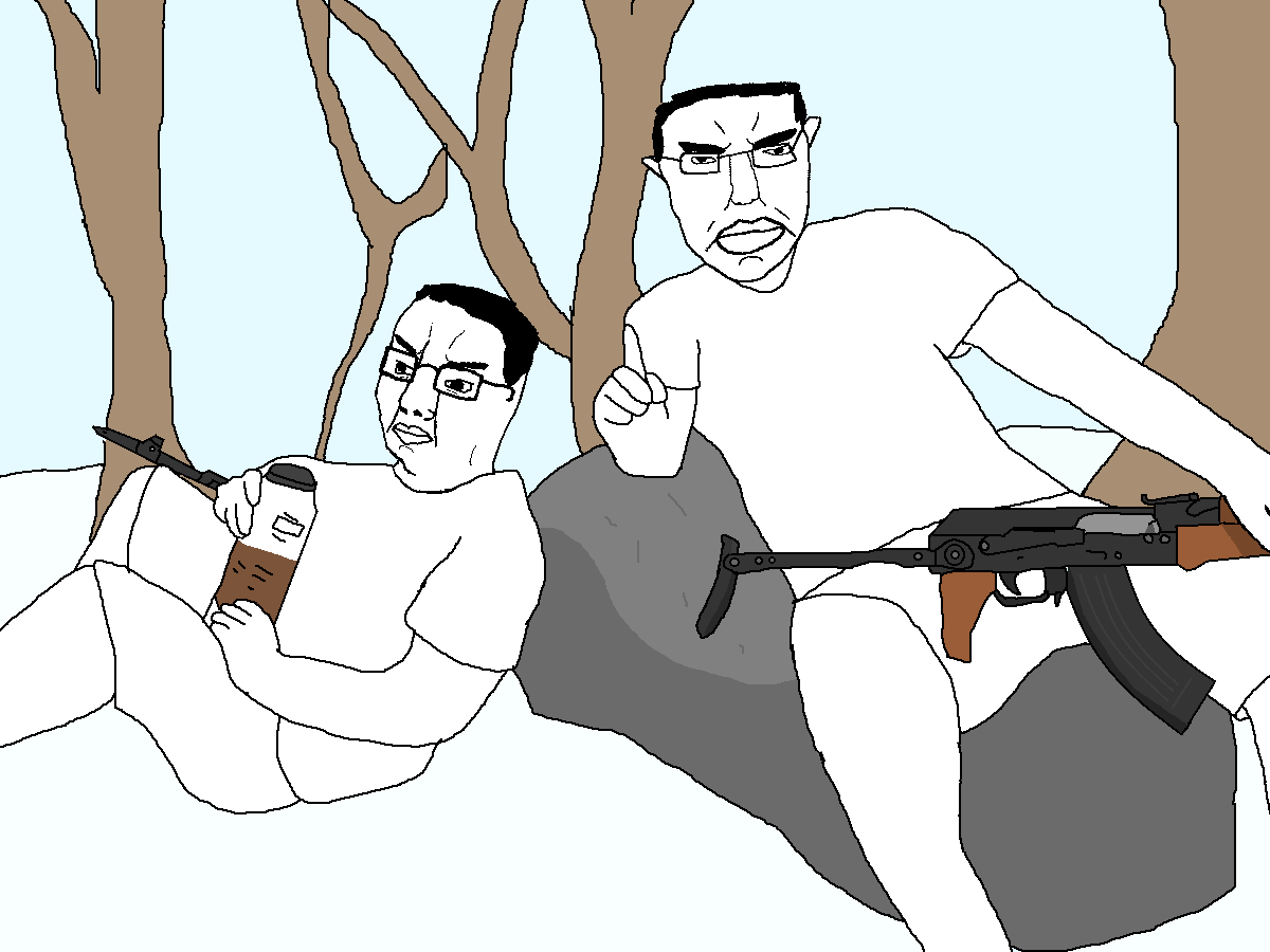chudjak, pol face, 2soyjaks, ak-47, akms, almost full body, angry, assault rifle, closed eyes, closed mouth