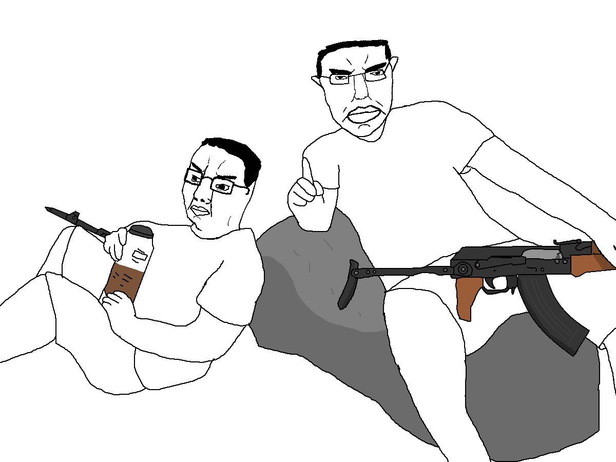 chudjak, pol face, 2soyjaks, ak-47, akms, almost full body, angry, assault rifle, black eyes, black hair