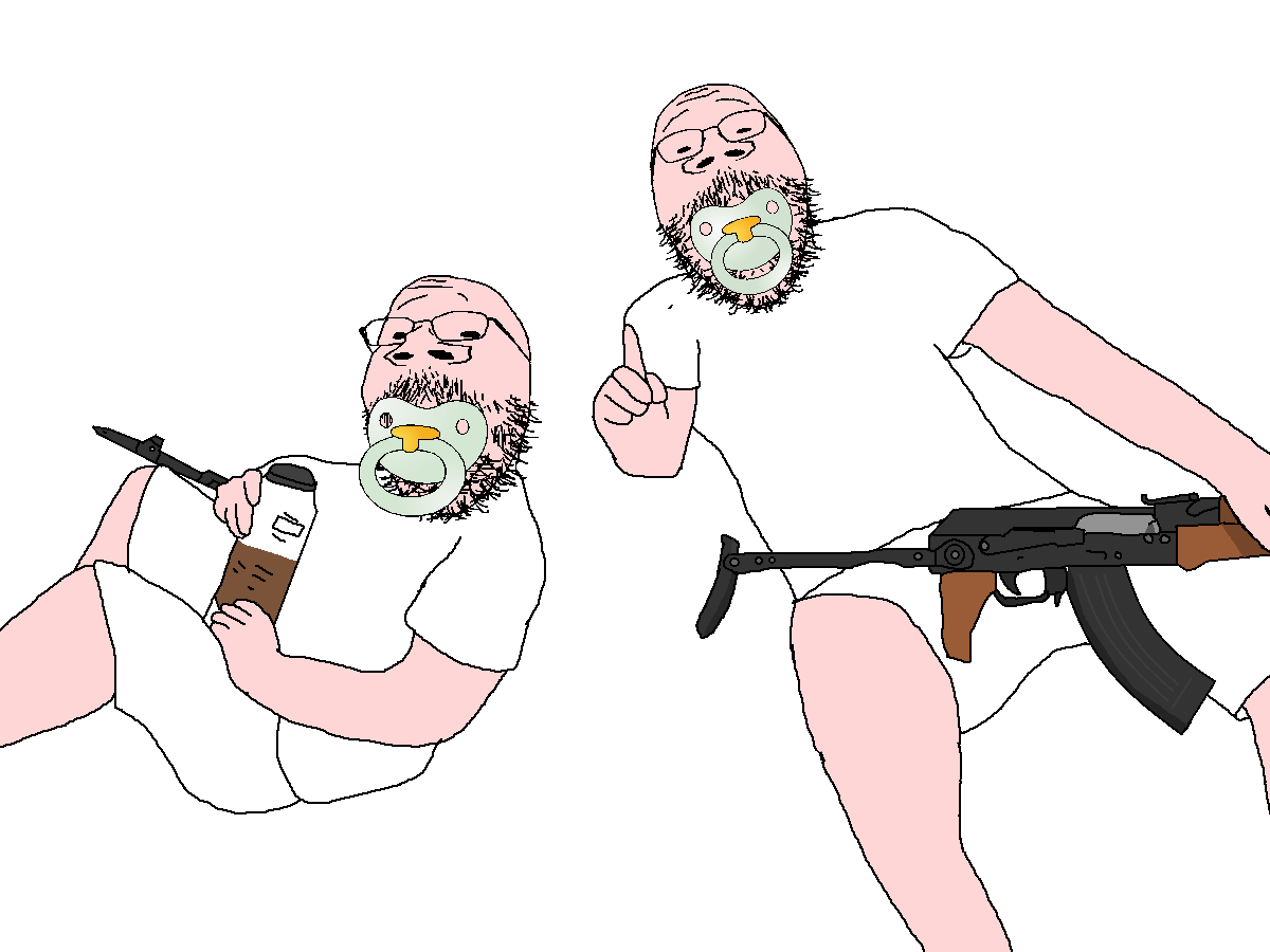 gapejak, babyjak, mustached gapejak, babyjak, accessory, ak-47, akms, almost full body, assault rifle, bottle