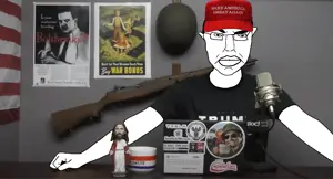 chudjak, pol face, arm, closed mouth, clothes, flag, glasses, gun, hands, hat